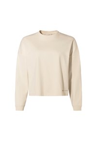 Cremfarbener, langärmeliger Sweatshirt mit Rundhalsausschnitt, lockerer Passform und gerippten Bündchen. Verfügt über ein kleines Logo auf der unteren linken Seite.