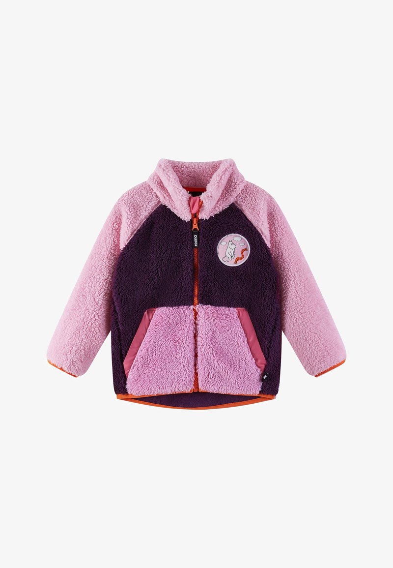 Giacca in pile con un design viola e rosa, chiusura lampo completa, due tasche laterali e un'applicazione rotonda che presenta un personaggio. Accenti e foderi arancioni.