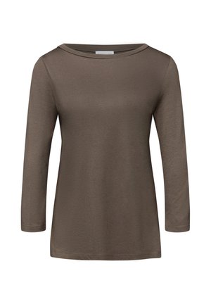 Chemise marron à manches longues avec un col rond, en tissu simple et lisse, sans motifs ni logos visibles.