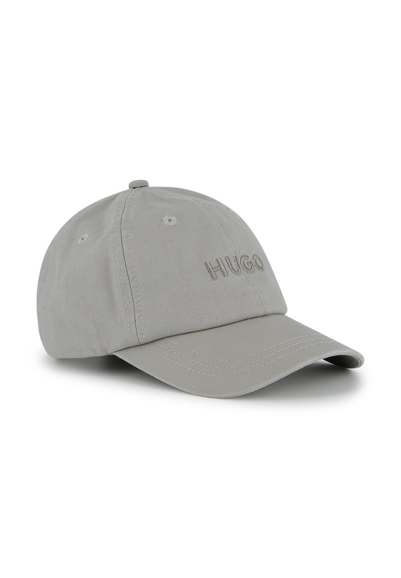 Gray cotton baseball cap with embroidered "HUGO" logo on the front, curved brim, and six ventilation eyelets.
