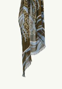 Gemusterter Schal in braunen und blauen Farbtönen, mit floralem Design, fransigen Kanten und einem leichten, strukturierten Gewebe.