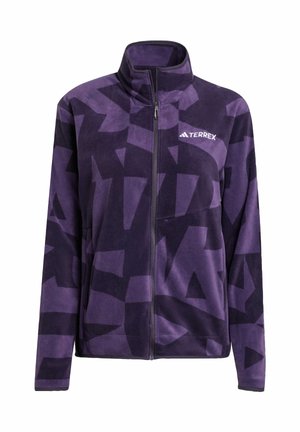 Veste en polaire de couleur violet foncé avec des motifs géométriques noirs ; dotée d'un col haut et d'une fermeture éclair sur le devant ; logo sur le côté supérieur gauche.