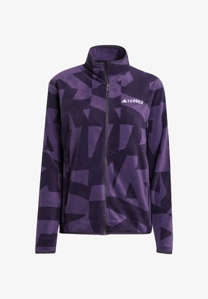 Fleecejack in donkerpaars met geometrische zwarte patronen; heeft een hoge kraag en een volledige rits aan de voorkant; logo op de bovenste linkerkant.