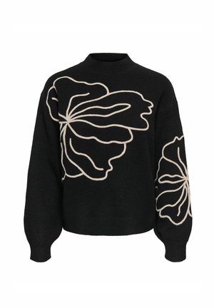 Sort sweater med stor beige blomsterbroderi på fronten og ærmerne, med høj hals og ribbede manchetter.
