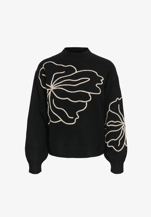 Melnā džemperī ir liela, bežīga ziedu izšuvuma apdare uz priekšpuses un piedurknēm, augsts kakla izgriezums un izšūti aproces.