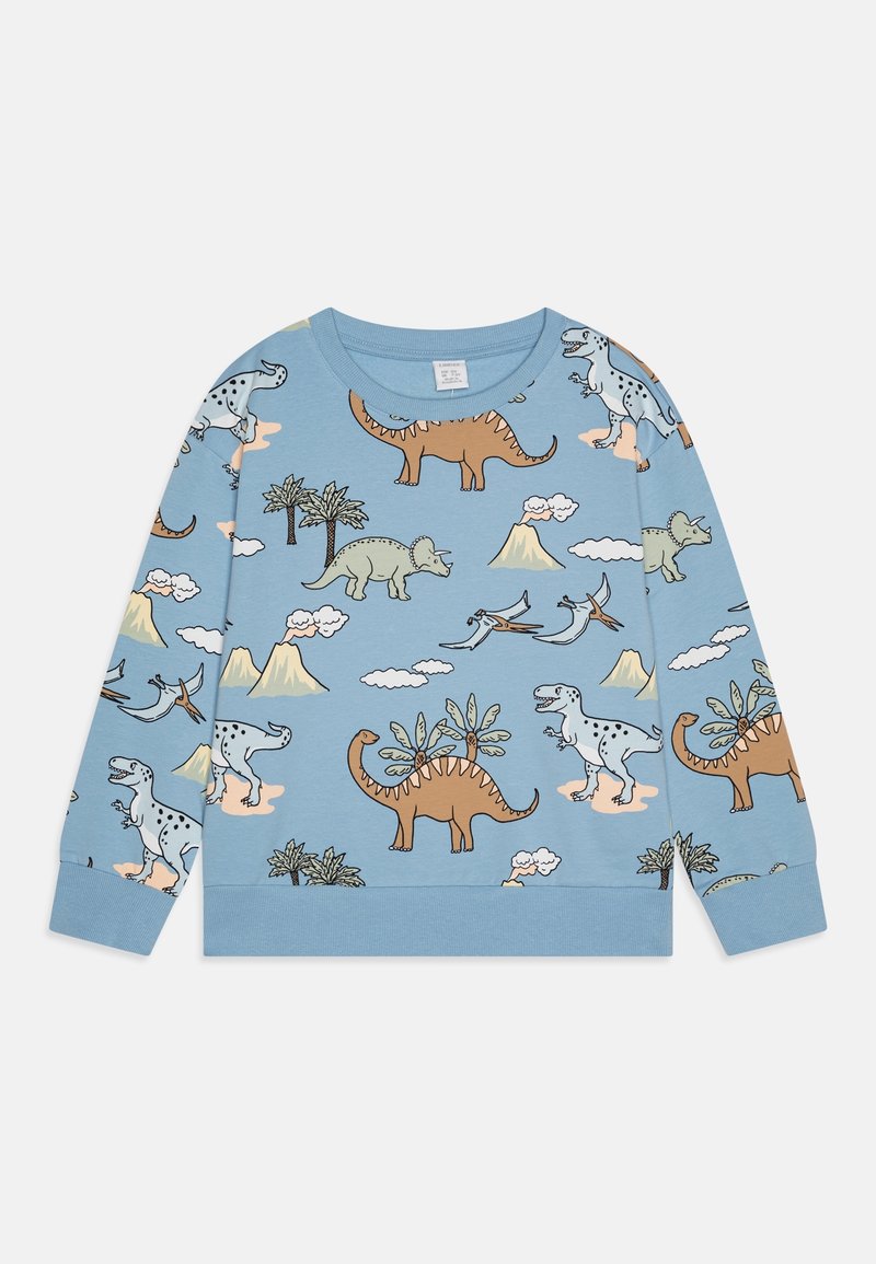 Sweat-shirt bleu à manches longues pour enfant avec motifs dessin animé de dinosaure, volcan, palmier et nuage en marron, vert et blanc.