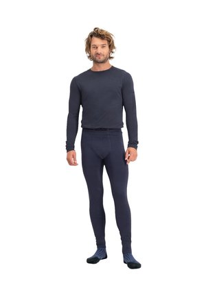 Donker marineblauwe thermische lange mouwen top en aansluitende leggings, gemaakt van textuurstof. Bevat een logo op de tailleband en ribgebreide manchetten.