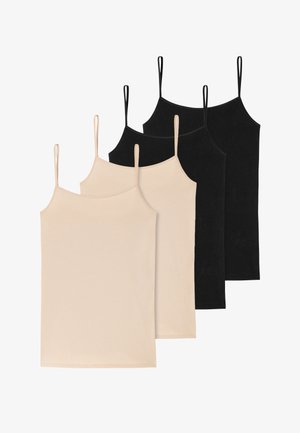 Top in beige con spalline sottili a spaghetti, design aderente, e tessuto morbido, abbinato a shorts boyshorts dello stesso colore.