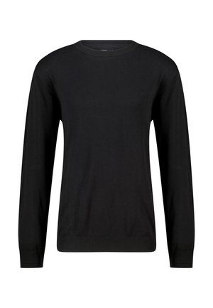 Zwarte trui met lange mouwen en ronde hals, voorzien van geribbelde manchetten en zoom, getoond tegen een witte achtergrond.