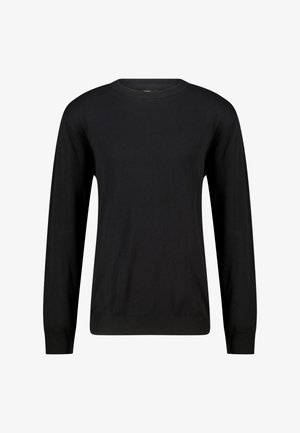 Schwarzer Pullover mit Rundhalsausschnitt und langen Ärmeln, Rippbündchen an den Ärmelenden und am Saum, vor weißem Hintergrund präsentiert.