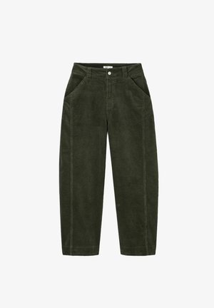 Pantalon en velours côtelé vert avec une coupe à jambes larges, doté de deux poches avant et d'une fermeture à bouton à la taille. Texture à côtes verticales.