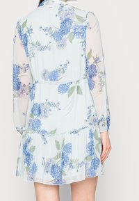 Robe florale en tissu léger et transparent ornée de fleurs bleues sur un fond clair. Manches longues et détail de ourlet froncé.