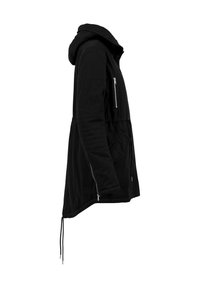 Black hooded jacket with quilted elbow details, zippered chest pocket, drawstring waist, and zippered sleeve cuffs, displayed from the side.