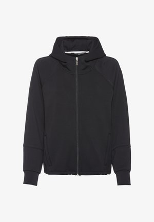 Black zip-up hoodie made of soft fabric, featuring a hood, raglan sleeves, side pockets, and ribbed cuffs and hem. Smooth texture.