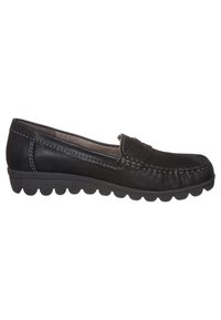 Mocassin en cuir noir avec détails cousus, bout arrondi et semelle rembourrée. Semelle extérieure en caoutchouc flexible avec motif en forme de vague pour une meilleure adhérence.
