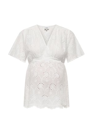 Blouse de maternité blanche à manches courtes avec col en V et broderie florale en œillets, dotée d'une taille empire et d'un ourlet en feston.