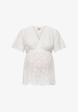 Bluză scurtă albă pentru gravide, cu mâneci scurte, decolteu în V și broderie florală cu ochiuri, prevăzută cu talie imperiu și tiv ondulat.