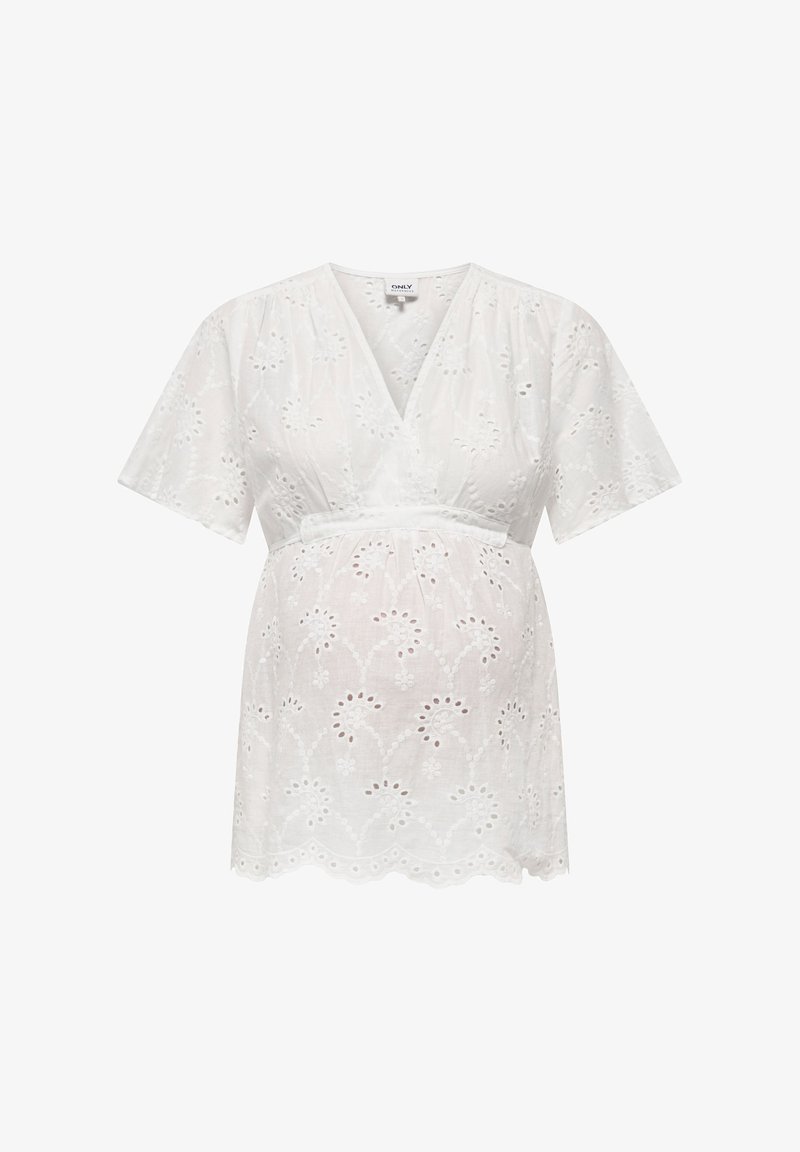 Λευκό κοντομάνικο μακρύ μπλουζάκι εγκυμοσύνης με ντεκολτέ V και κέντημα με λουλουδάτα μοτίβα, διαθέτει μέση σε στυλ αυτοκρατορίας και κυματιστό τελείωμα.