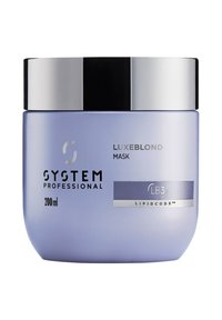 Ronde lavendelpot met zwart- en zilverkleurig deksel. Etiket met de tekst "SYSTEM PROFESSIONAL LUXEBLOND MASKER," 200 ml, met details "LB3" en "LIPIDCODE™".