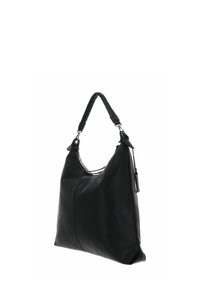 Sac hobo en cuir noir à finition texturée, doté d'une anse tressée, d'une forme décontractée, et d'un design sobre avec des éléments métalliques.