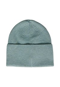 Beanie azzurro chiaro lavorato a maglia con texture a coste e risvolto, caratterizzato da una sommità arrotondata senza cuciture.