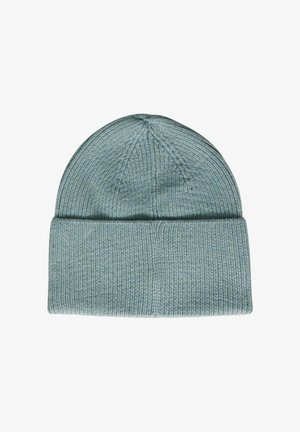 Gorro de punto azul claro con textura acanalada y un dobladillo doblado, con la parte superior redondeada sin costuras.