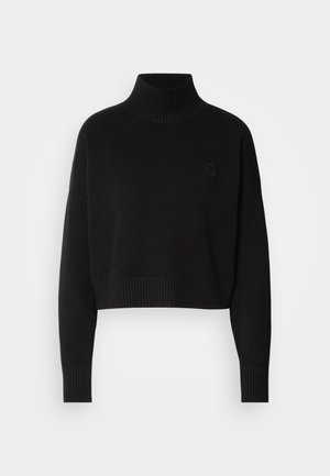 Zwarte cropped sweater, geribbelde turtleneck, lange mouwen, gebreide textuur, met een klein logo op de borst.