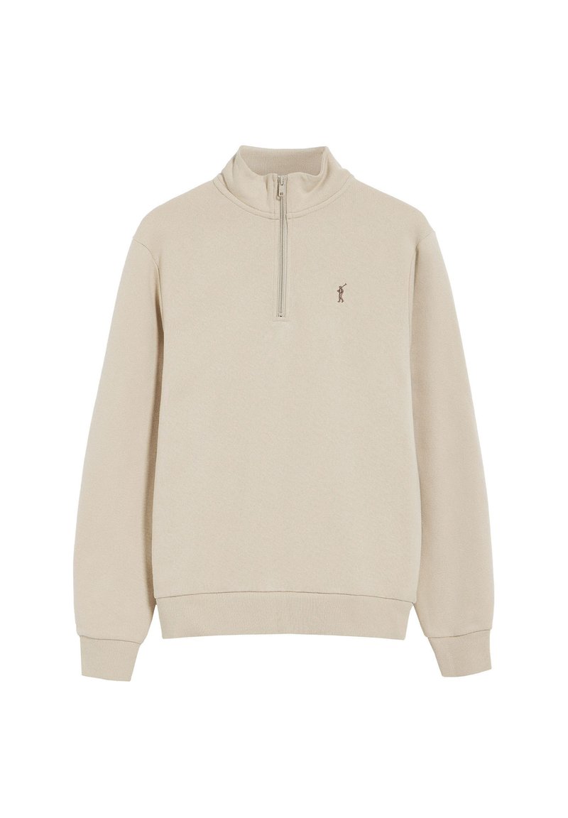 Felpa beige con zip e colletto a lupetto in morbido materiale, con un emblema del brand sul petto, polsini a costine e una vestibilità rilassata.
