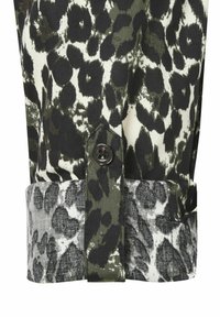 Leopard print shirt featuring dark green and black spots on a light background, with a buttoned cuff in a textured fabric.