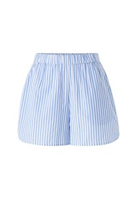 Blå og hvide stribede shorts med elastisk talje, lavet af letvægtsstof. Designet har lodrette striber og en afslappet pasform.