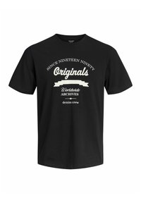 Czarny t-shirt z krótkim rękawem z białym napisem "Od 1990 roku Originals Worldwide Archives denim crew" z przodu.
