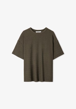 Olivegrünes, geripptes T-Shirt mit rundem Halsausschnitt, kurzen Ärmeln und lockerer Passform. Strukturiertes Material mit geradem Saum.