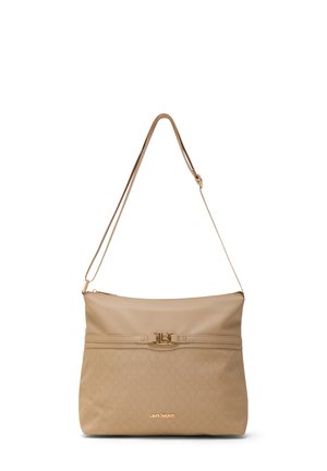 Borsa a tracolla beige Laura Biagiotti con tracolla regolabile, motivo trapuntato e dettagli del logo in tonalità oro sul davanti.