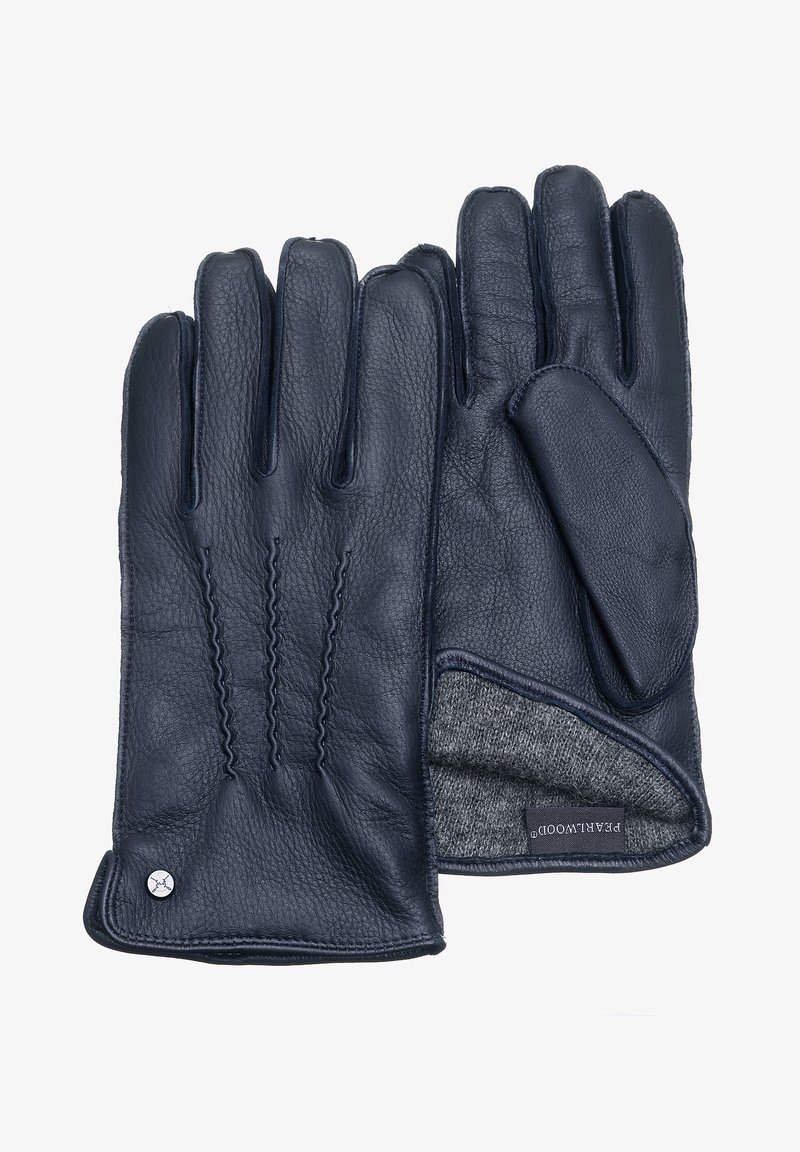 Mornarske kožne rukavice s tri dekorativne šavove na stražnjoj strani, sivo vunu podstave i naglasak s logotipom na zapešću.