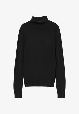 Pull à col roulé noir en tissu doux, doté de manches longues, d'un col ajusté et de poignets côtelés pour un look structuré.