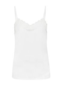 Weißes Tanktop mit dünnen verstellbaren Trägern und einer gewellten Spitzenverzierung am Ausschnitt. Aus glattem Stoff gefertigt.