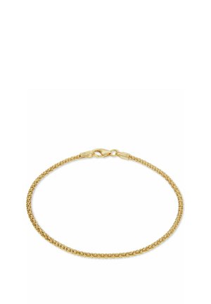 Bracelet en or délicat avec une chaîne perlée étroitement liée et une fermeture à fermoir mousqueton, présenté sur un fond blanc.
