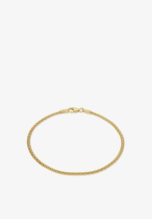 Zartes goldfarbenes Armband mit dicht verknüpfter Perlenkette und Karabinerverschluss, vor weißem Hintergrund dargestellt.