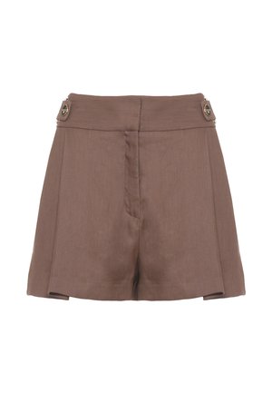 Braune, hoch taillierte, maßgeschneiderte Shorts mit seitlichen Schnallenriemen und dezenten vorderen Falten, hergestellt aus strukturiertem Stoff.