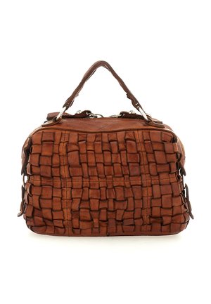 Borsa a mano in pelle intrecciata marrone con forma strutturata, doppi manici, chiusura a zip e superficie texturizzata con motivo a griglia.