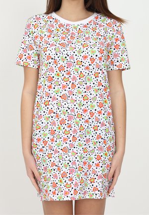 Wit jurkje met korte mouwen, bedekt met kleurrijke hartjes, stippen en merkemblemen. Zachte stof met een losse pasvorm, ronde halslijn en speels ontwerp.