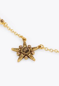 Ciondolo a forma di stella dorata con motivi intricati, decorato con pietre marroni. Attaccato a una delicata catena d'oro.