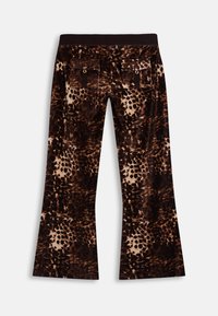 Καφέ και μαύρο παντελόνι με animal print, φαρδιά μπατζάκια και δύο πίσω τσέπες με καπάκι και κουμπιά σε φωτεινό φόντο.