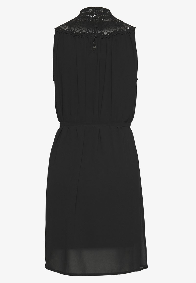 Black sleeveless dress with a lace yoke, gathered waist, and a button closure at the back. Smooth fabric with a flowy silhouette.