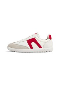 Sneaker featuring a white leather upper, red leather accents, and gray suede toe, with a round white rubber sole and lace-up design.