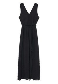 Robe maxi noire sans manches avec décolleté en V, rayures verticales texturées et une fine ceinture tressée à la taille.