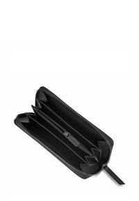 Portefeuille en cuir noir avec une fermeture éclair, comportant plusieurs emplacements pour cartes et un compartiment zippé. L'intérieur a une finition texturée.