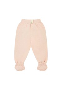 Pantaloni per bambini a maglia di colore rosa chiaro con una texture morbida, vita elasticizzata e polsini arricciati per una vestibilità comoda. Etichetta ecologica attaccata.