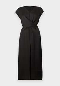 Black wrap dress with short sleeves, V-neckline, and a tie belt at the waist. Smooth, lightweight fabric; flowing skirt with a side slit.