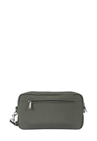 Astuccio rettangolare verde oliva realizzato in tessuto, dotato di una tasca anteriore con zip e un clip in metallo silver. Texture liscia con dettagli cuciti.
